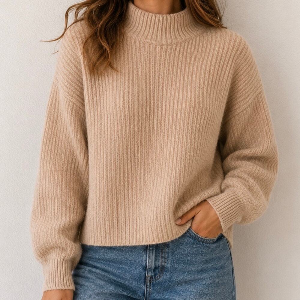 MOLLUSK | California Merino Boiled Wool Ribbed Mock Neck Sweater Tan | Large
